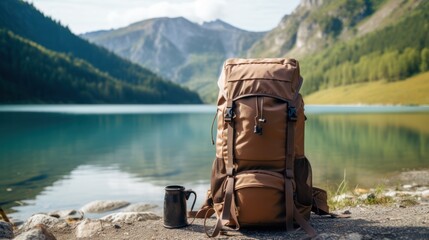 Camping backpacks on lake. Concept of travel, vacation, active tourism, hiking, outdoor adventure. Nature background of amazing view with blue lake, mountains. - obrazy, fototapety, plakaty