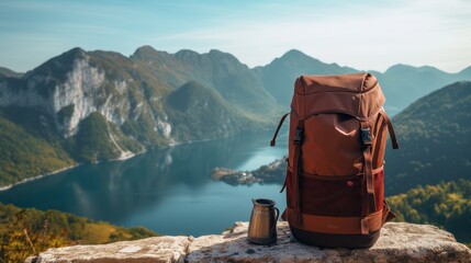Camping backpacks on lake. Concept of travel, vacation, active tourism, hiking, outdoor adventure. Nature background of amazing view with blue lake, mountains. - obrazy, fototapety, plakaty