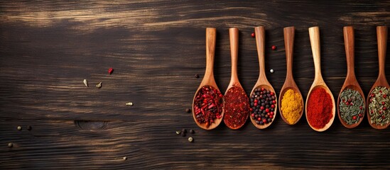 Dry colorful spices arranged on rustic table depicting various culinary ingredients such as pepper chili curry saffron and garlic Copy space image Place for adding text or design - obrazy, fototapety, plakaty