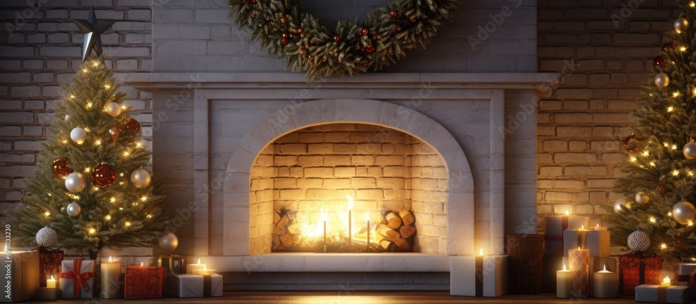 Sticker Festive winter home with holiday decorations and cozy ambiance Copy space image Place for adding text or design