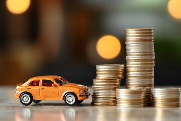 concept of auto dealership and rental, new car buy. toy car stack of coins
