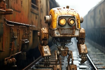 1970 sci-fi Old rusty robot on the railway tracks or cargo train background
