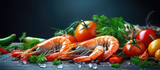 Cook boiled prawns and seafood on fresh vegetables Copy space image Place for adding text or design