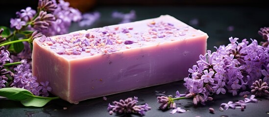 Obraz na płótnie Canvas Floral handmade soap with ecological lilac scent for body care Copy space image Place for adding text or design
