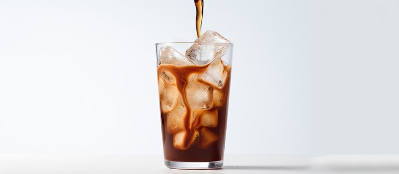 Cream being poured into cold coffee in a tall glass showcasing the drink s texture on a light gray background Copy space image Place for adding text or design