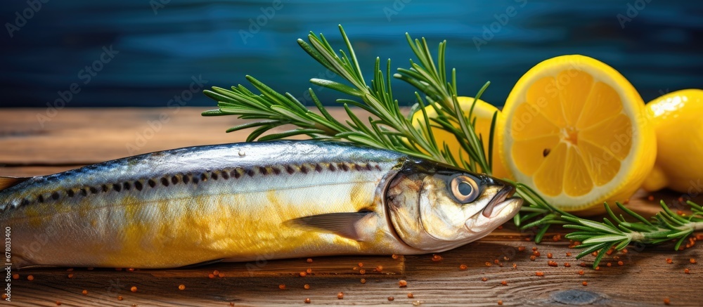 Poster fresh seafood mackerel fish with lemon and rosemary isolated on white background with clipping path 