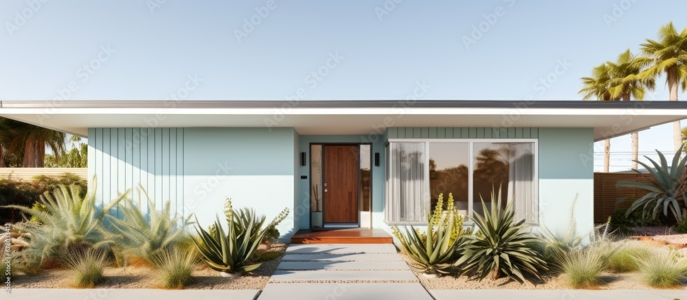 Poster daytime view of a mid century australian house s front exterior copy space image place for adding te