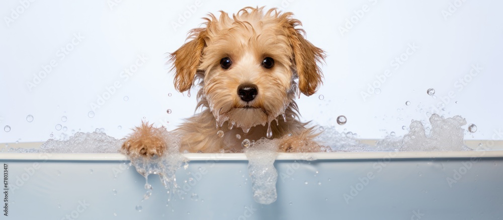 Poster dog being washed alone in studio basin on white background copy space image place for adding text or