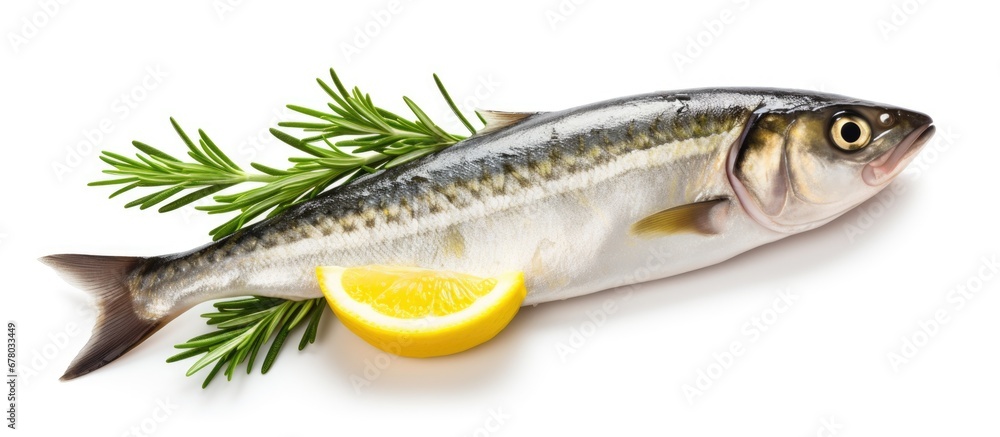 Poster fresh seafood mackerel fish with lemon and rosemary isolated on white background with clipping path 