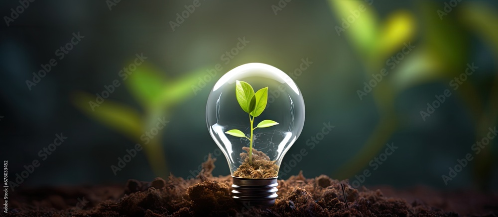 Poster eco concept bulb sprouting green tree copy space image place for adding text or design
