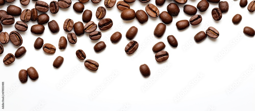 Poster coffee beans flying on a white backdrop copy space image place for adding text or design
