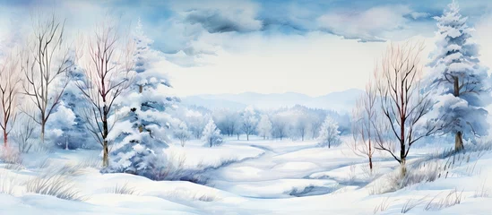 Abwaschbare Fototapete Fairytale winter landscape illustrated with watercolors featured in a seamless pattern for a children s poster Copy space image Place for adding text or design © Ilgun