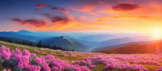 Colorful Carpathian mountains landscapes in Ukraine Europe featuring a lawn with pink rhododendron flowers and a beautiful summer sunset Copy space image Place for adding text or design