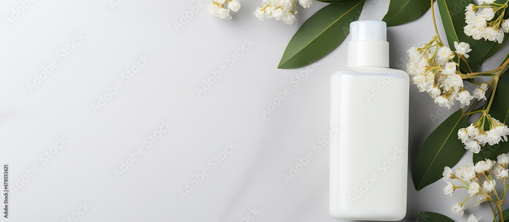 Poster eco cosmetics branding mock up with blank label featuring natural elements and cosmetic containers o