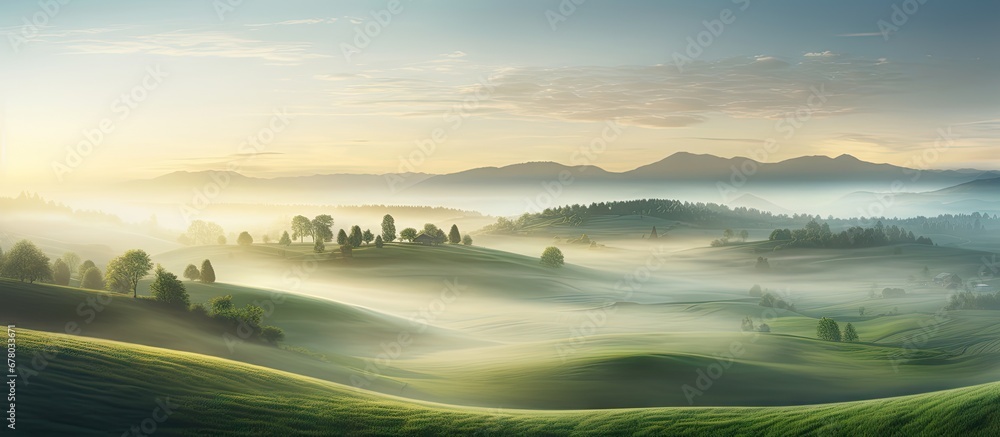 Poster europe s stunning aerial view of a green field at sunrise obscured by enchanting fog copy space imag