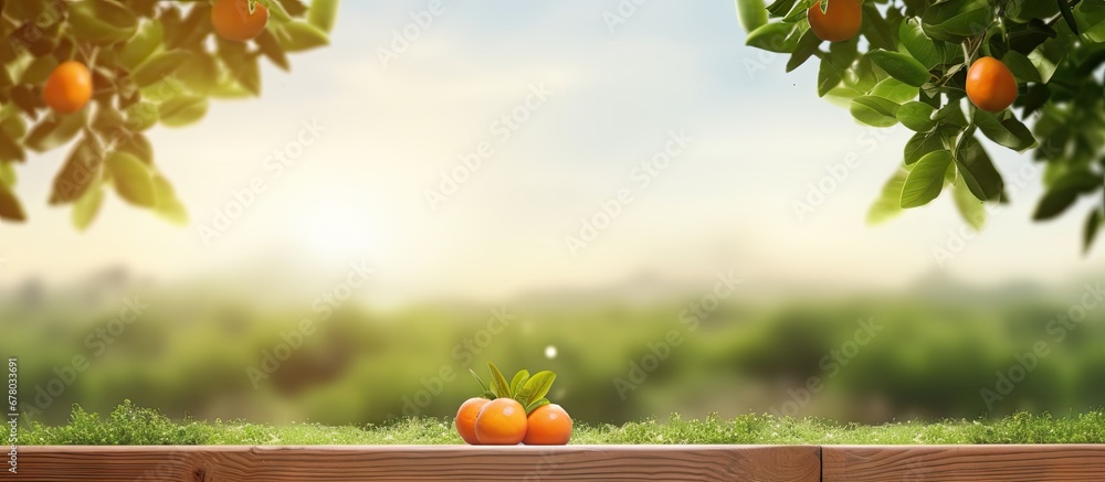 Poster farm display featuring a wooden table with products and a natural background of trees grass and morn