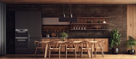 Eco friendly wooden dining room and kitchen with bamboo ceiling Furnished with table chairs...