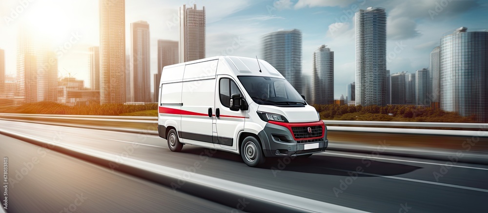 Poster fast moving small courier van delivering cargo in the city amidst business distribution and logistic