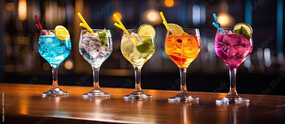 Poster five vibrant gin tonic drinks in wine glasses on bar counter in establishment copy space image place