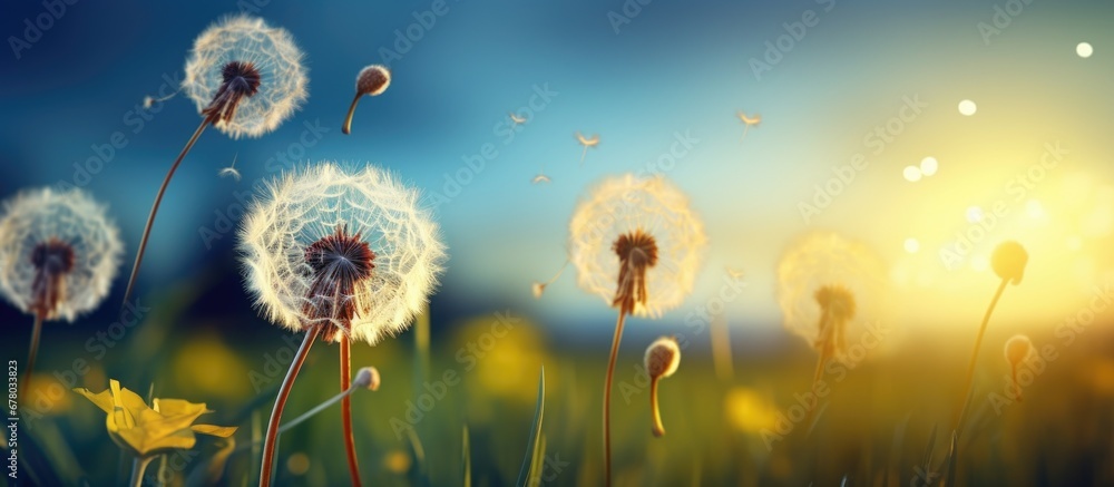 Poster colorful image of dandelion flowers in a field at sunset on a dark blue green background copy space 