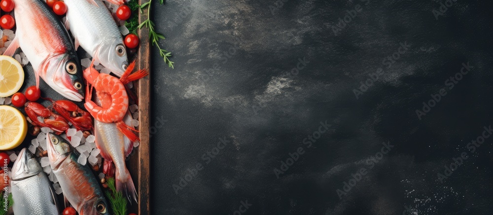 Poster fresh raw fish and seafood in a healthy balanced diet or cooking concept as seen from above copy spa