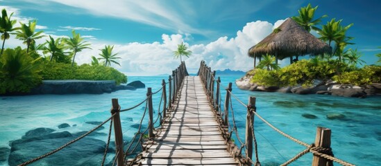 Exotic scenery of a bamboo bridge hanging over the sea leading to a remote desert island offering a...