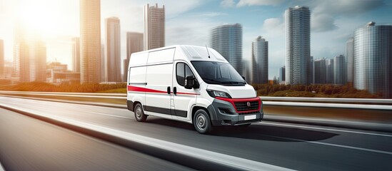 Fast moving small courier van delivering cargo in the city amidst business distribution and logistics on the highway Copy space image Place for adding text or design