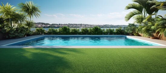 Expansive indoor villa pool and artificial green turf Copy space image Place for adding text or design
