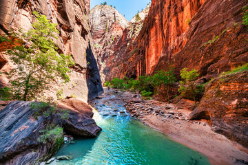 Zion National Park, Utah, USA, narrowing trail. Beautiful scenery, views of incredibly picturesque cliffs and mountains. Concept, tourism, travel, landmark