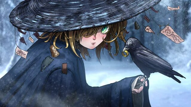 A sweet young superstitious girl in a Japanese straw hat with protective amulets looks incredulously from under her brows, a crow with a ring in its beak is on her hand. approaching 2d animated art
