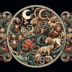 an Art Nouveau style tattoo featuring the 12 Chinese zodiac animals in an elegant, flowing design with natural motifs