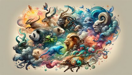 a surreal tattoo design blending the 12 Chinese zodiac animals in an imaginative, dreamlike composition with elements of fantasy and whimsy