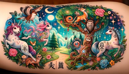 a whimsical fairy tale style tattoo featuring the 12 Chinese zodiac animals in a magical, enchanted forest setting