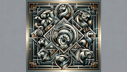 an Art Deco-inspired tattoo design featuring the 12 Chinese zodiac animals in a sleek, geometric composition with metallic colors