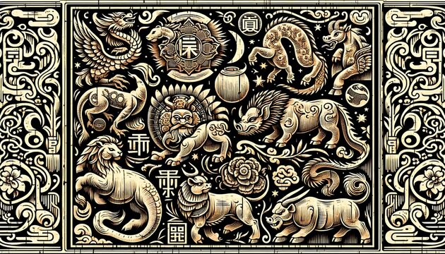a rustic woodcut style tattoo depicting the 12 Chinese zodiac animals in a traditional, hand-carved design with intricate details
