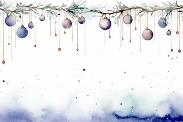 Christmas ornaments string suspended on pine branches bordering snowy background, purple-blue dreamy festive winter holiday watercolor painting digital illustration postcard graphic