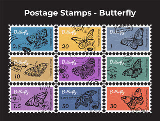 Obraz premium Postage stamps butterfly retro post mail correspondence sticker design template set vector flat