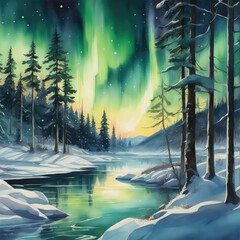 Snowy forest against the background of the northern lights