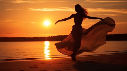 A silhouette of a woman gracefully dancing on a sandy beach as the sun sets. generative AI