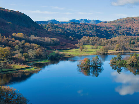 Aerial image of Rydal water lake in the lake district national park, United kingdom on a beautiful autumn day. 