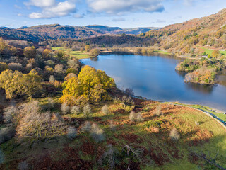Fototapeta na wymiar Aerial image of Rydal water lake in the lake district national park, United kingdom on a beautiful autumn day. 