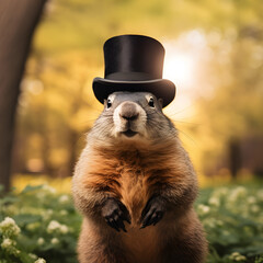 Groundhog wearing a top hat. A Groundhog Day concept. Generative ai.