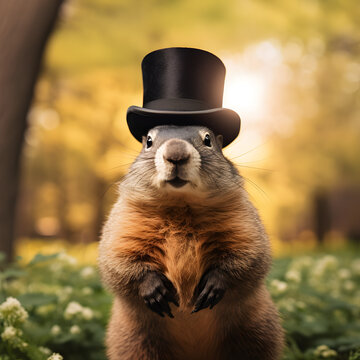 Groundhog wearing a top hat. A Groundhog Day concept. Generative ai. 