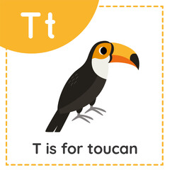 Learning English alphabet for kids. Letter t. Cute cartoon toucan.