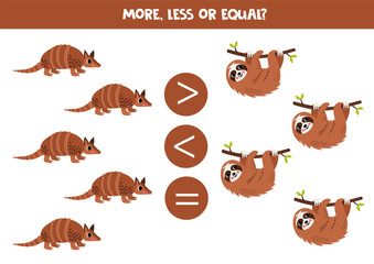 Obraz premium Grater, less or equal with cartoon cute sloth and armadillo.