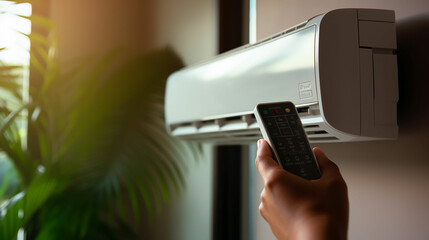 Hand hold remote control directed on the air conditioner. Made with generative ai