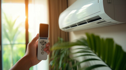 Hand hold remote control directed on the air conditioner. Made with generative ai