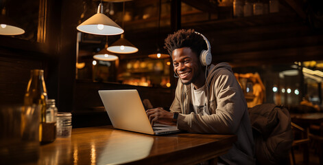 Happy ethnic guy in headphones smiling and writing in notebook while sitting at table