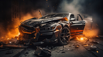 Car crash or accident. Broken vehicle detail or close up - obrazy, fototapety, plakaty