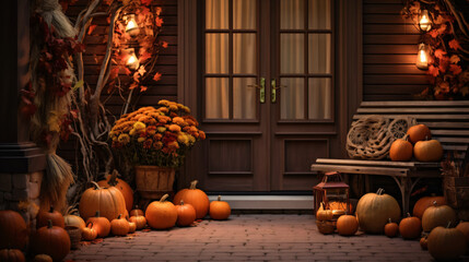 Autumn porch or patio adorned with pumpkins